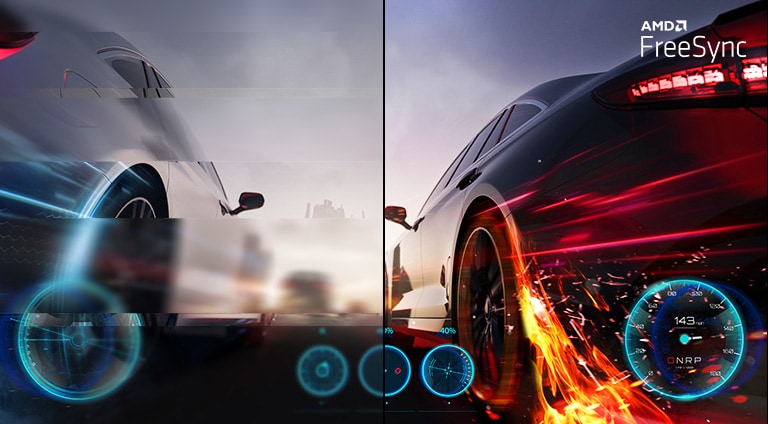Gambar game yang jernih dengan pergerakan halus saat AMD FreeSync™diaktifkan, sementara layar tampak pecah dan tersendat saat AMD FreeSync™ tidak aktif